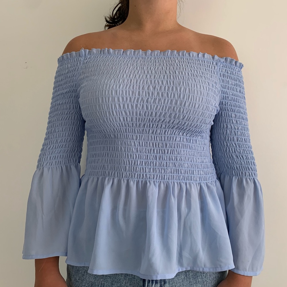 Off the shoulder blouse - light blue with ruffles